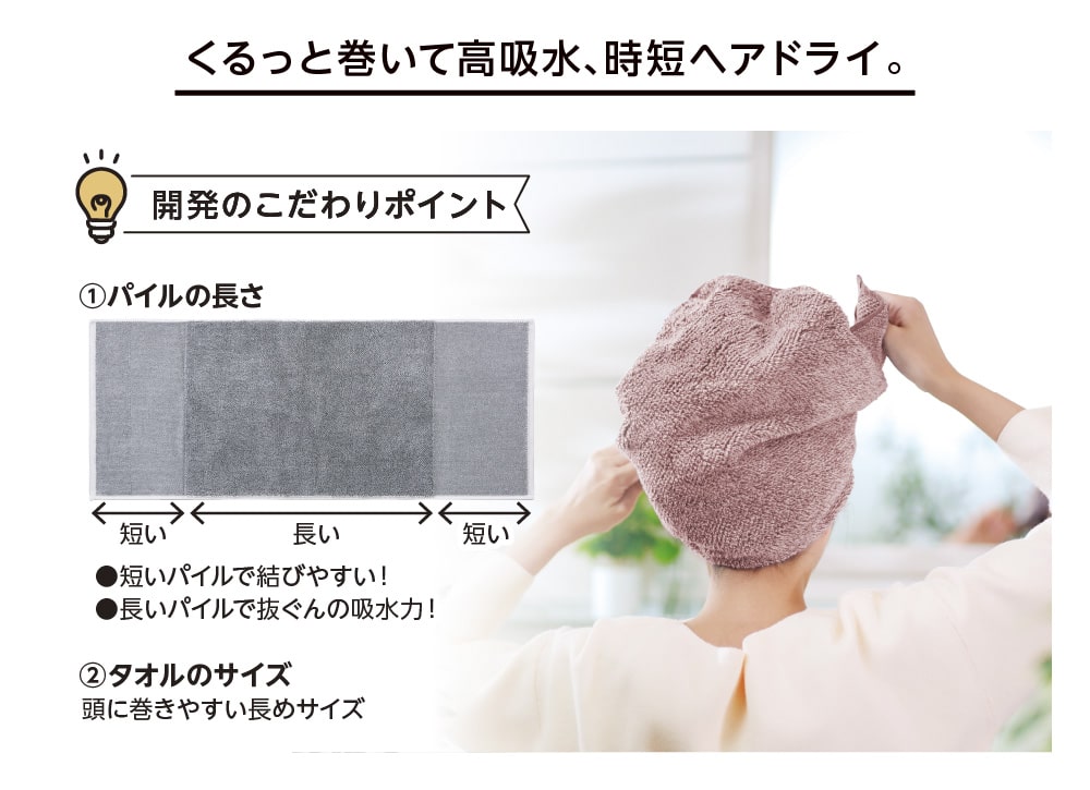 くるっと巻いて高吸水、時短ヘアドライ。