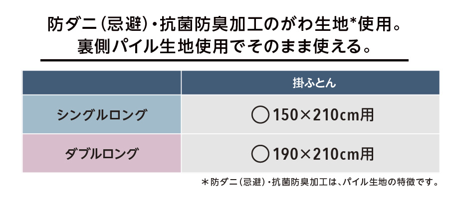 防ダニ（忌避）・抗菌防臭加工のがわ生地*使用。裏側パイル生地使用でそのまま使える。