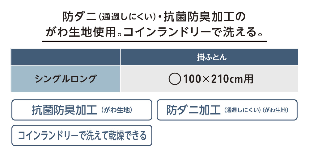 防ダニ（通過しにくい）・抗菌防臭加工のがわ生地使用。コインランドリーで洗える。