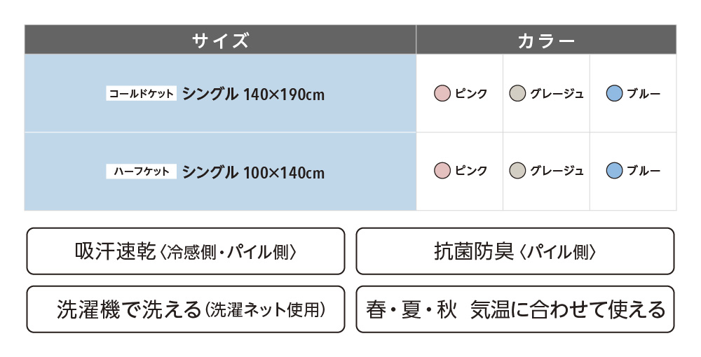 吸汗速乾〈冷感側・パイル側〉 抗菌防臭〈パイル側〉 洗濯機で洗える（洗濯ネット使用） 春・夏・秋 気温に合わせて使える
