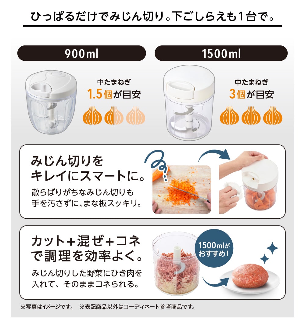 ひっぱるだけでみじん切り。下ごしらえも１台で。