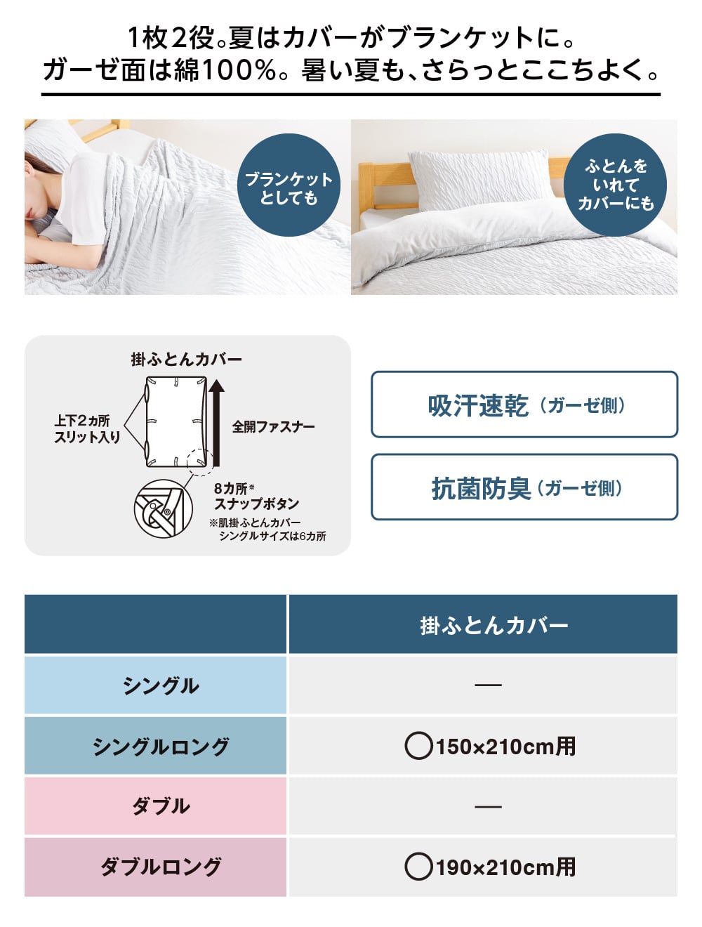 1枚2役。夏はカバーがブランケットに。ガーゼ面は綿100%。 暑い夏も、さらっとここちよく。