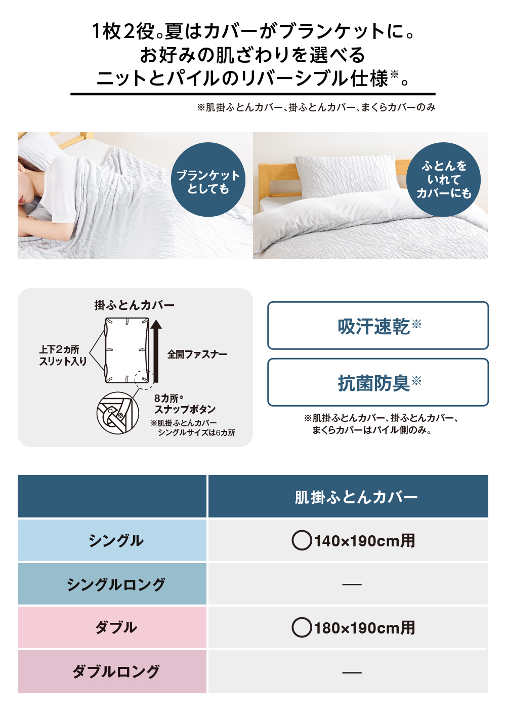 1枚2役。夏はカバーがブランケットに。お好みの肌ざわりを選べるニットとパイルのリバーシブル仕様※。
