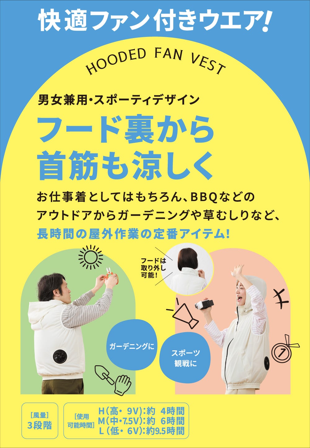 快適ファン付きウエア フード裏から首筋も涼しく