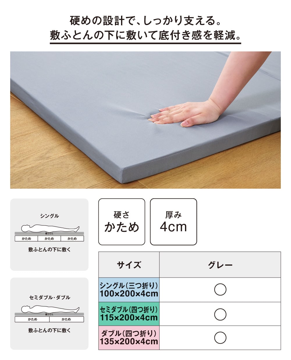 硬めの設計で、しっかり支える。敷ふとんの下に敷いて底付き感を軽減。