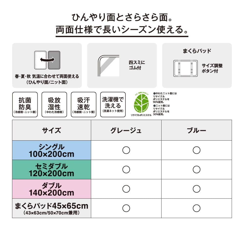 ひんやり面とさらさら面。両面仕様で長いシーズン使える。