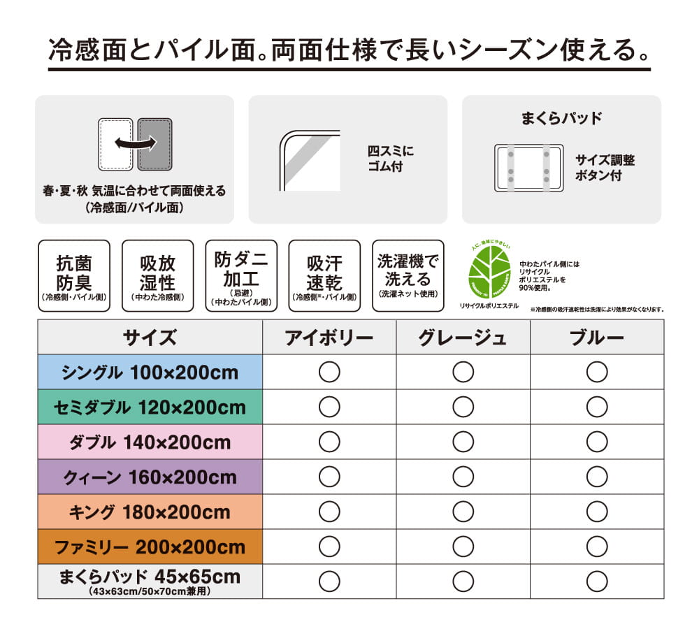 冷感面とパイル面。両面仕様で長いシーズン使える。