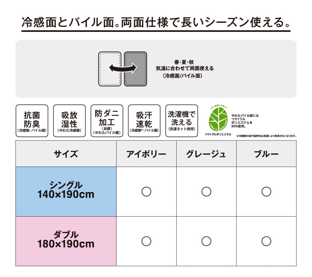 冷感面とパイル面。両面仕様で長いシーズン使える。