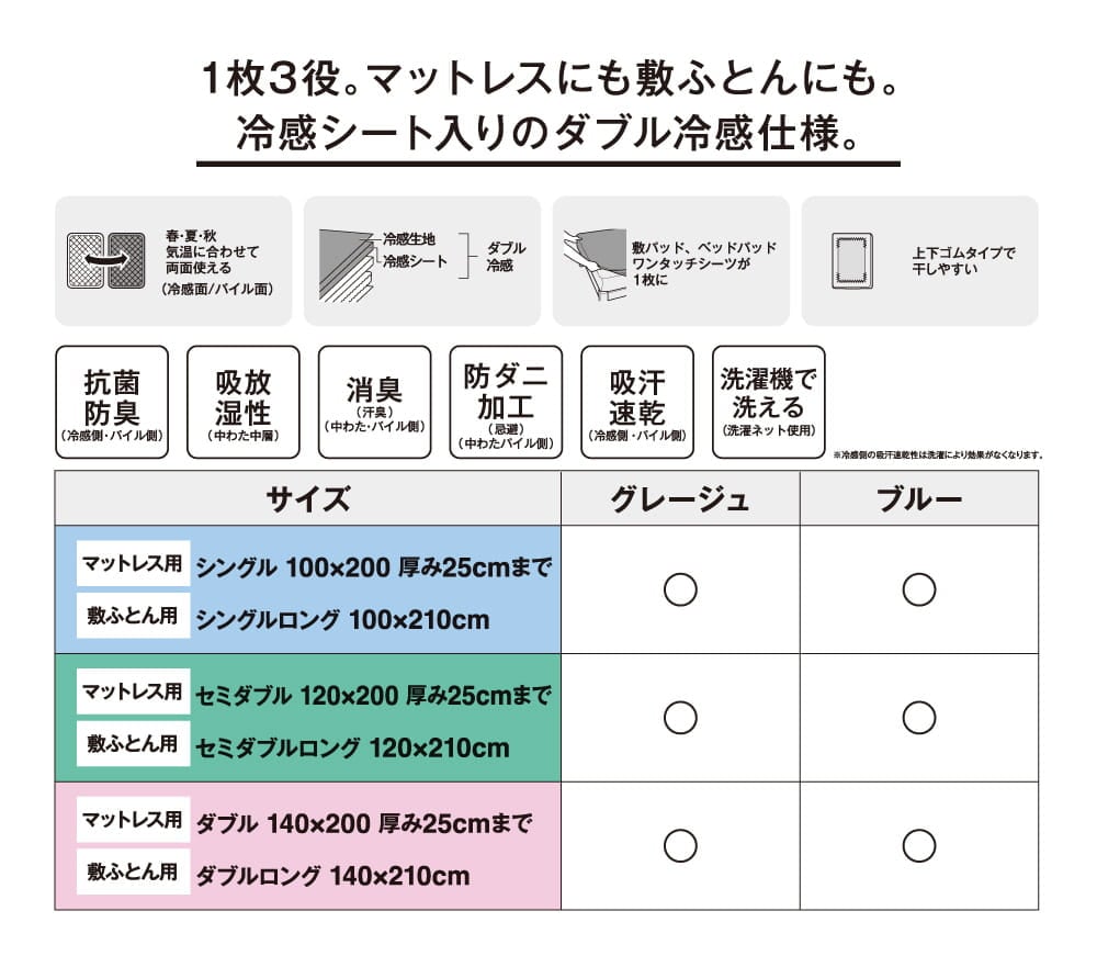 1枚3役。マットレスにも敷ふとんにも。冷感シート入りのダブル冷感仕様。