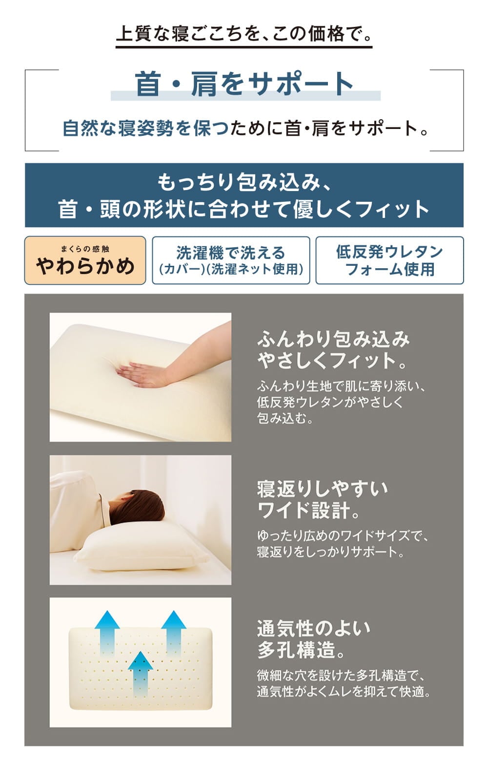 上質な寝ごこちを、この価格で。 もっちり包み込み、
首・頭の形状に合わせて優しくフィット