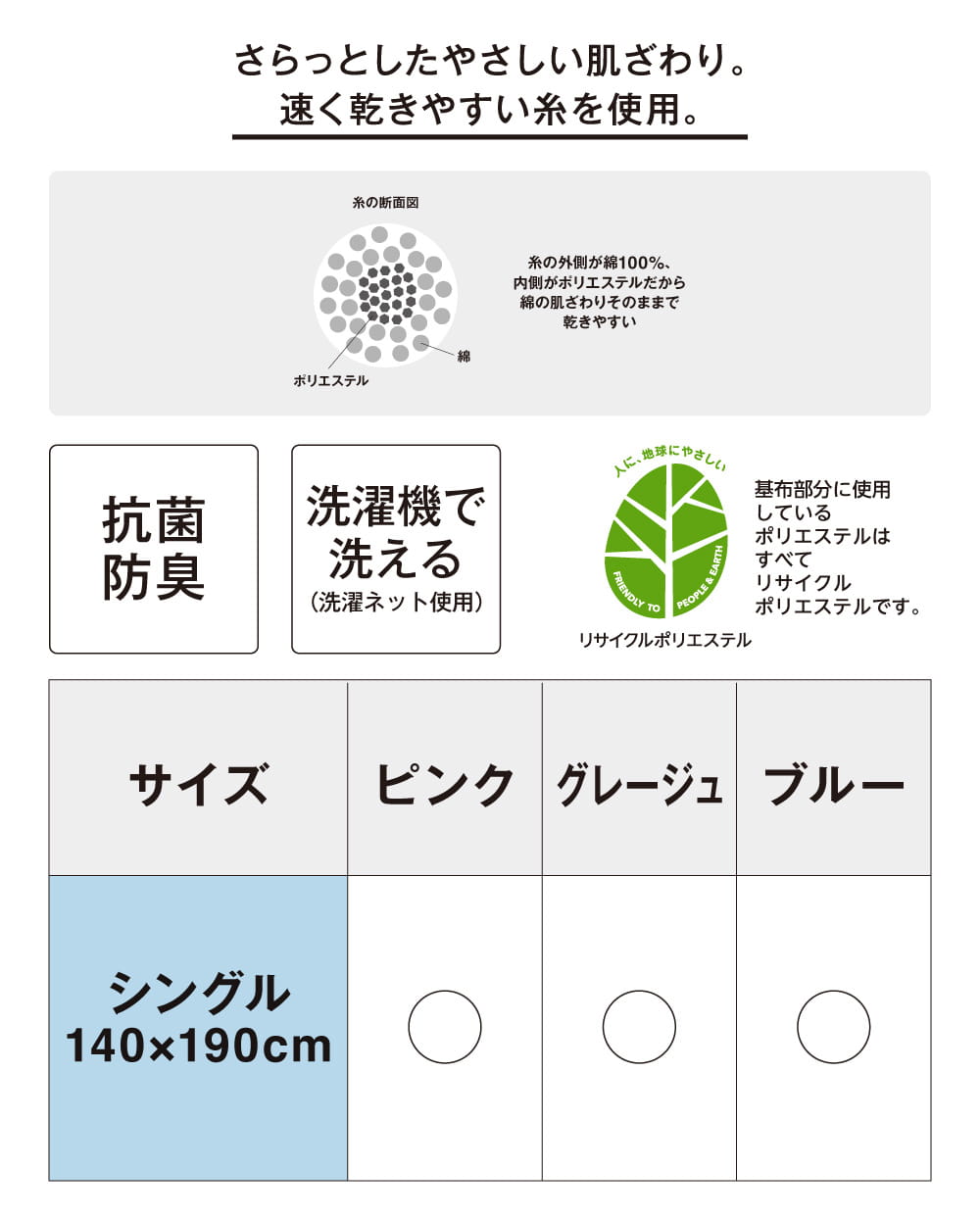 さらっとしたやさしい肌ざわり。
速く乾きやすい糸を使用。