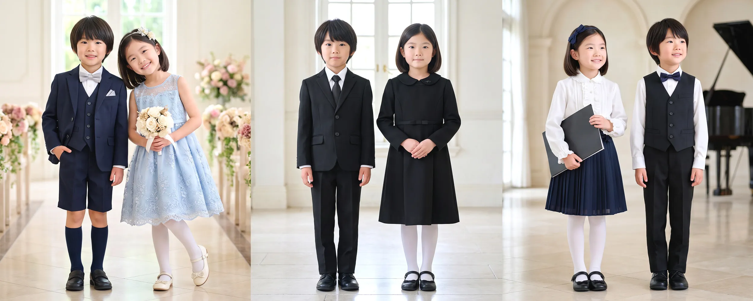 左から、結婚式向けの紺のスーツの男の子と水色のドレスの女の子、法事向けの黒い服の男の子と女の子、発表会向けの白いシャツやブラウスに濃色のボトムスを合わせた子どもたちを、3つの場面で並べた様子