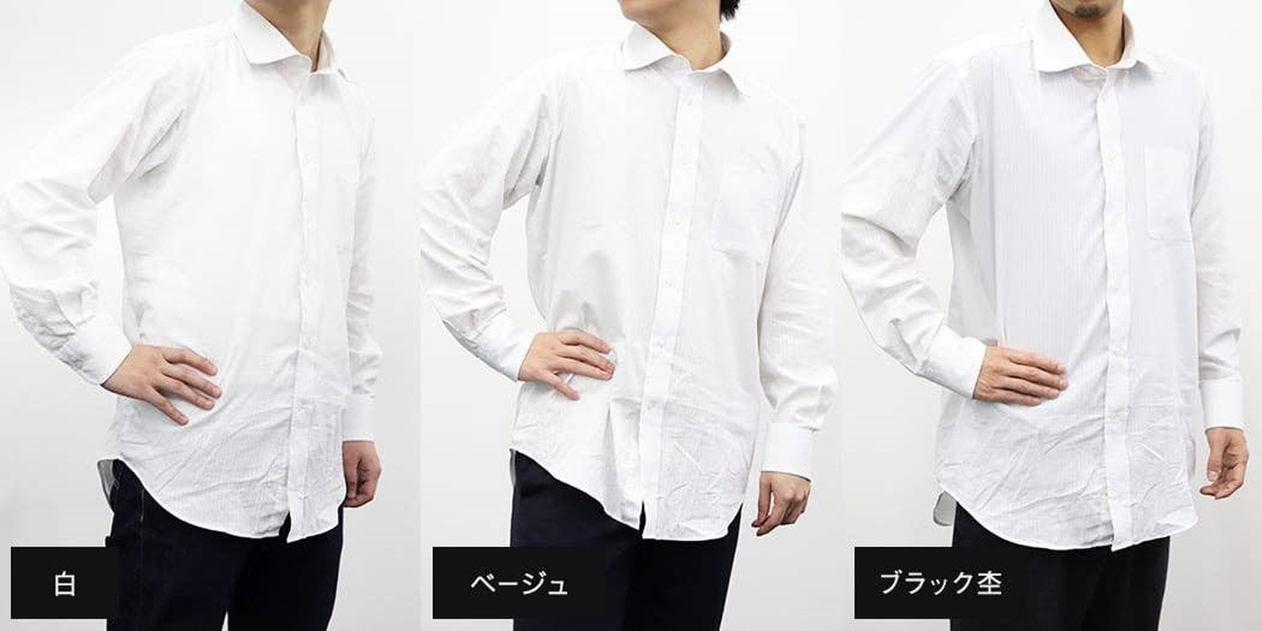 ・白インナー：遠目では目立ちにくいものの、腕に寄ると“地肌との境目”がくっきり見えやすい・ベージュインナー：色がほとんど透けず、インナーを着ていることがわからない・ブラックインナー：濃い色が透けてシャツ全体がくすんで見える