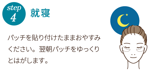 step4 就寝 パッチを貼り付けたままおやすみください。翌朝パッチをゆっくりとはがします。