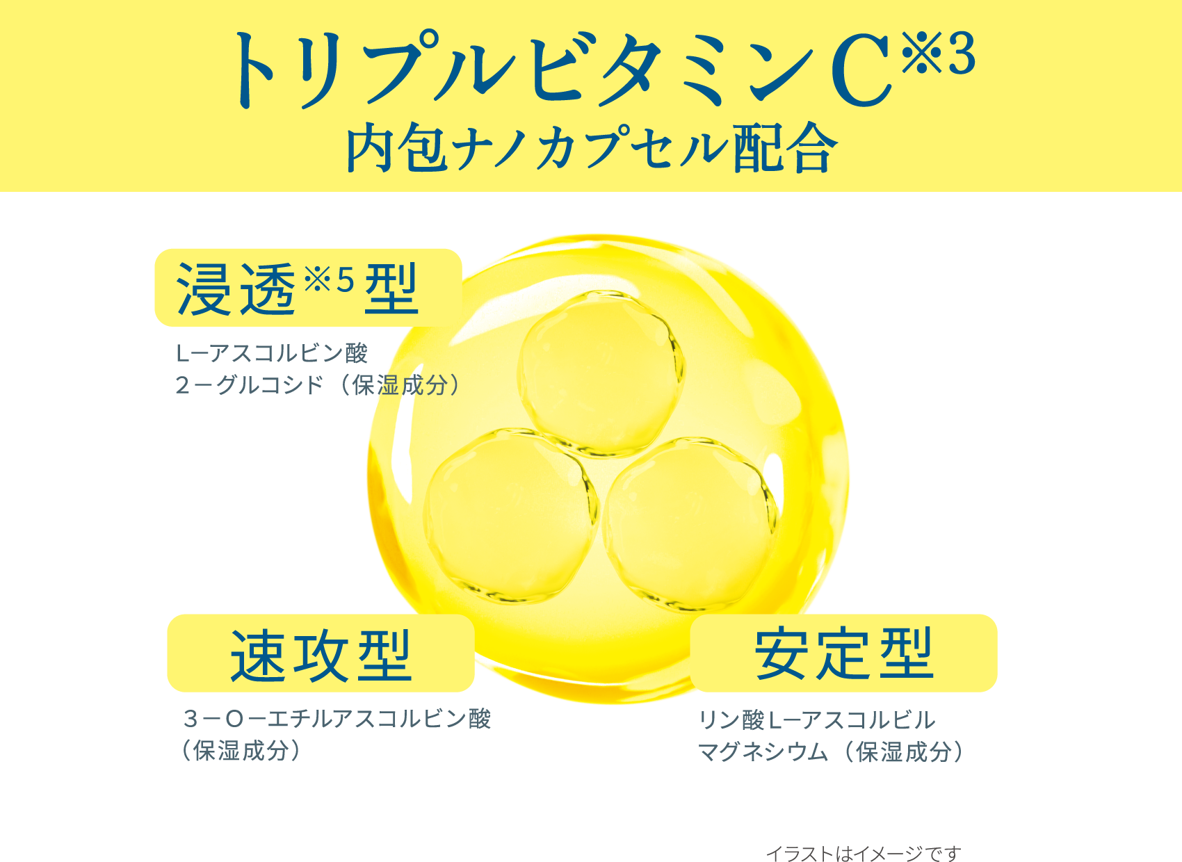 トリプルビタミンC※3内包ナノカプセル配合 浸透※5型：L-アスコルビン酸 2-グルコシド（保湿成分） 速攻型：3-O-エチルアスコルビン酸（保湿成分） 安定型 リン酸L-アスコルビル マグネシウム（保湿成分） イラストはイメージです