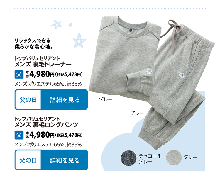 トップバリュセリアント　メンズ 裏毛トレーナー トップバリュセリアント　メンズ 裏毛ロングパンツ