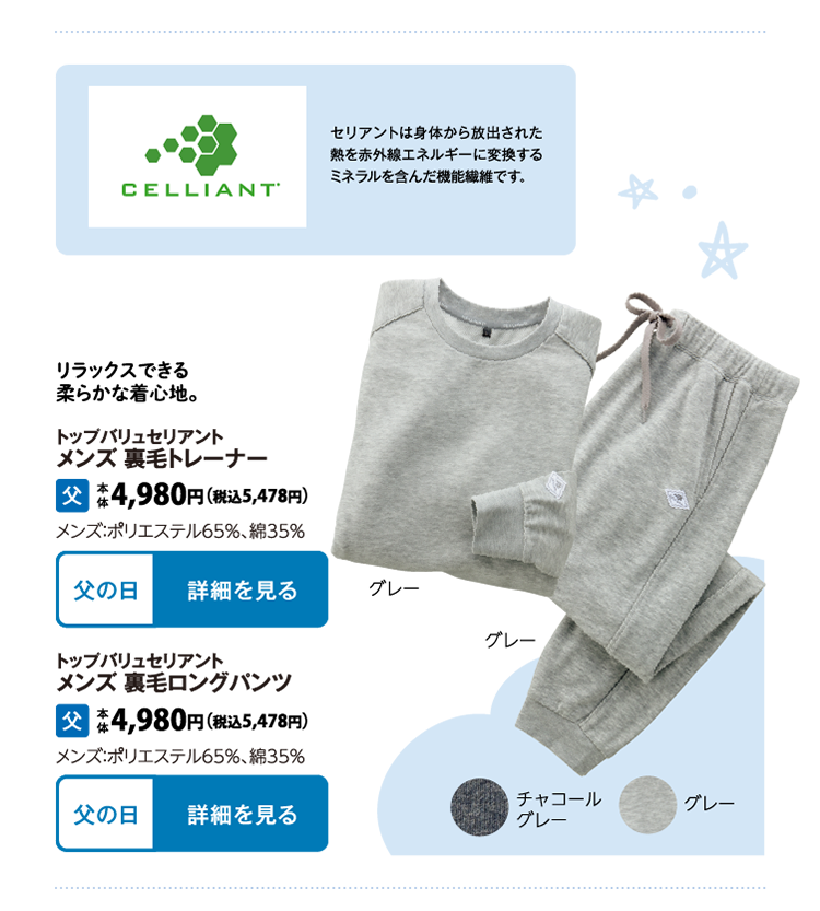 トップバリュセリアント　メンズ 裏毛トレーナー トップバリュセリアント　メンズ 裏毛ロングパンツ