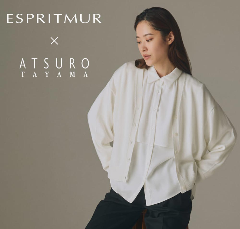 ESPRITMUR×ATSURO TAYAMAのニットカーディガンを着用した女性モデル