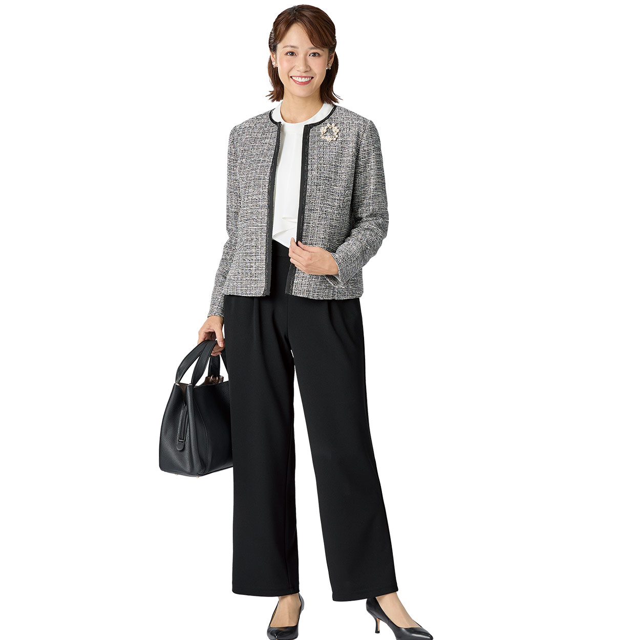 えり トリミングツイードジャケット パンツ付3点セットスーツ レディス