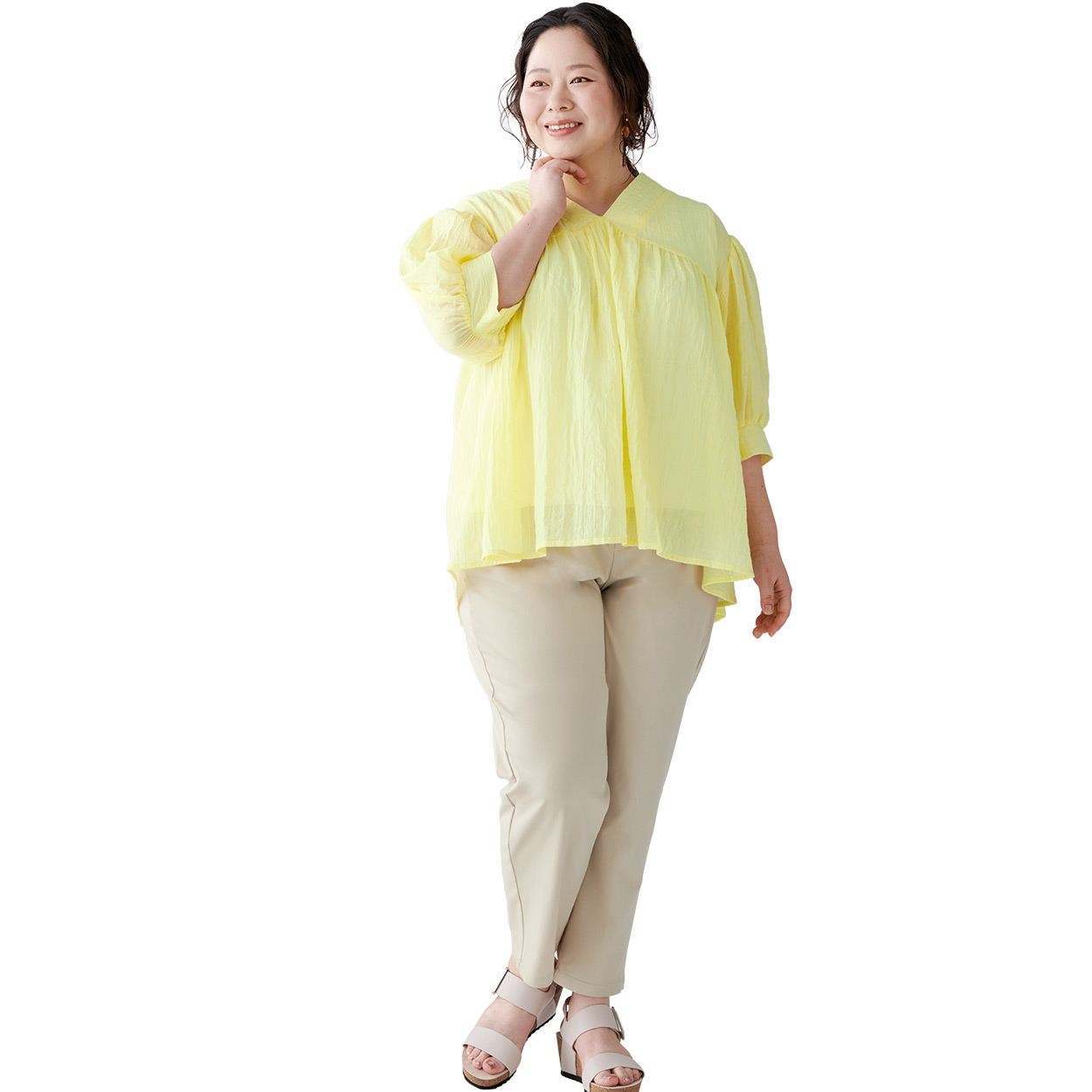 Fit me clothing シングルガーゼ Vネックブラウス レディース 大きいサイズ noannu 七分袖 透け感 重ね着