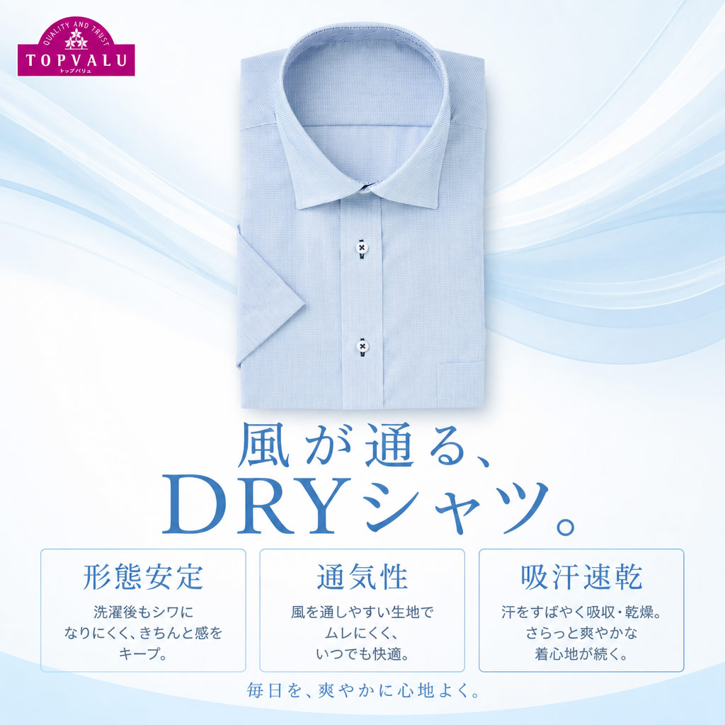 PEACE FIT COOL 通気性の良い半袖ドレスシャツ セミワイド衿 レギュラーフィット メンズ トップバリュ