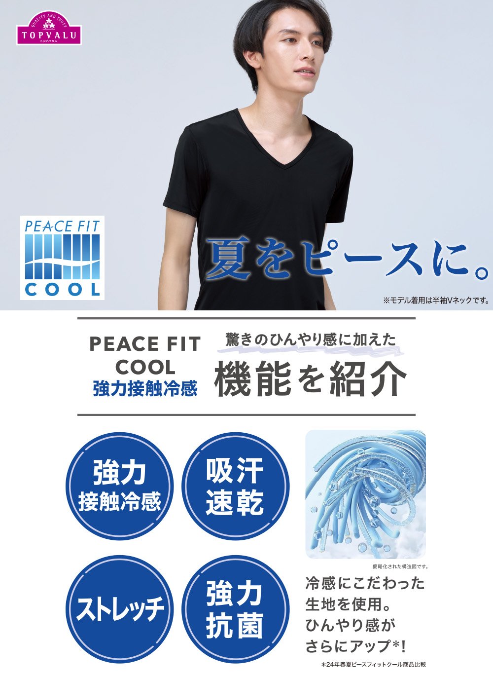 COOL強力接触冷感 半袖Vネックシャツ  メンズ トップバリュ PEACE FIT(ピースフィット)