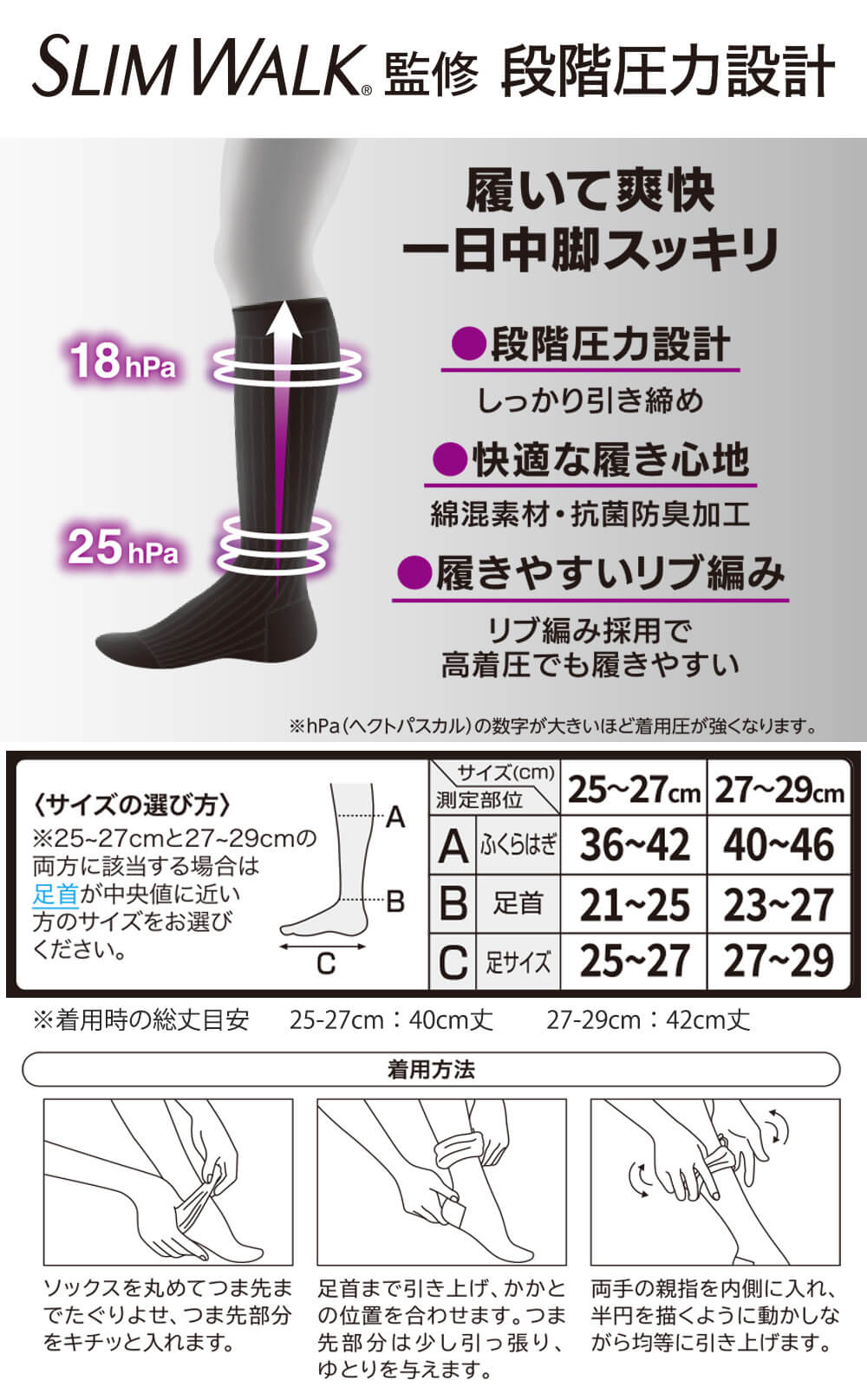 トップバリュ(TOPVALU) トップバリュ×SLIMWALK🄬監修 リブ編み 段階圧力設計ハイソックス メンズ