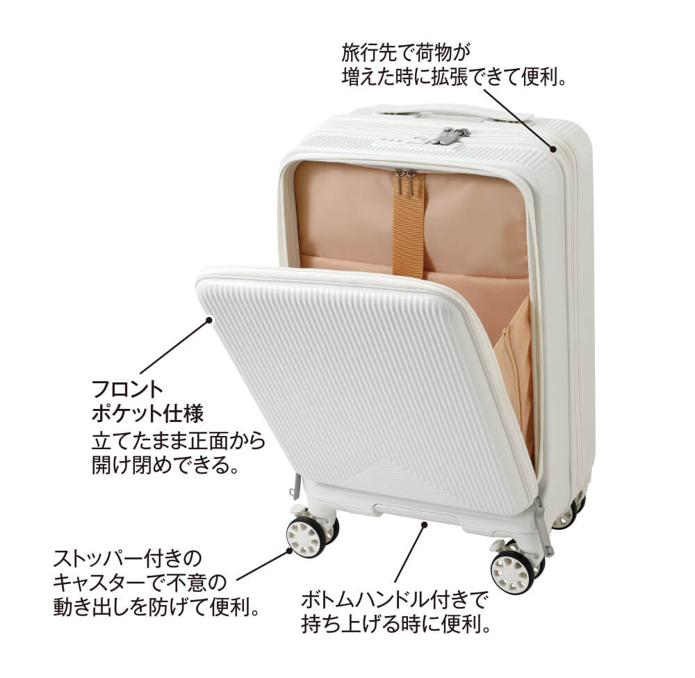 キャリーケースの内装。両面にしきり付きで小物も整理しやすい