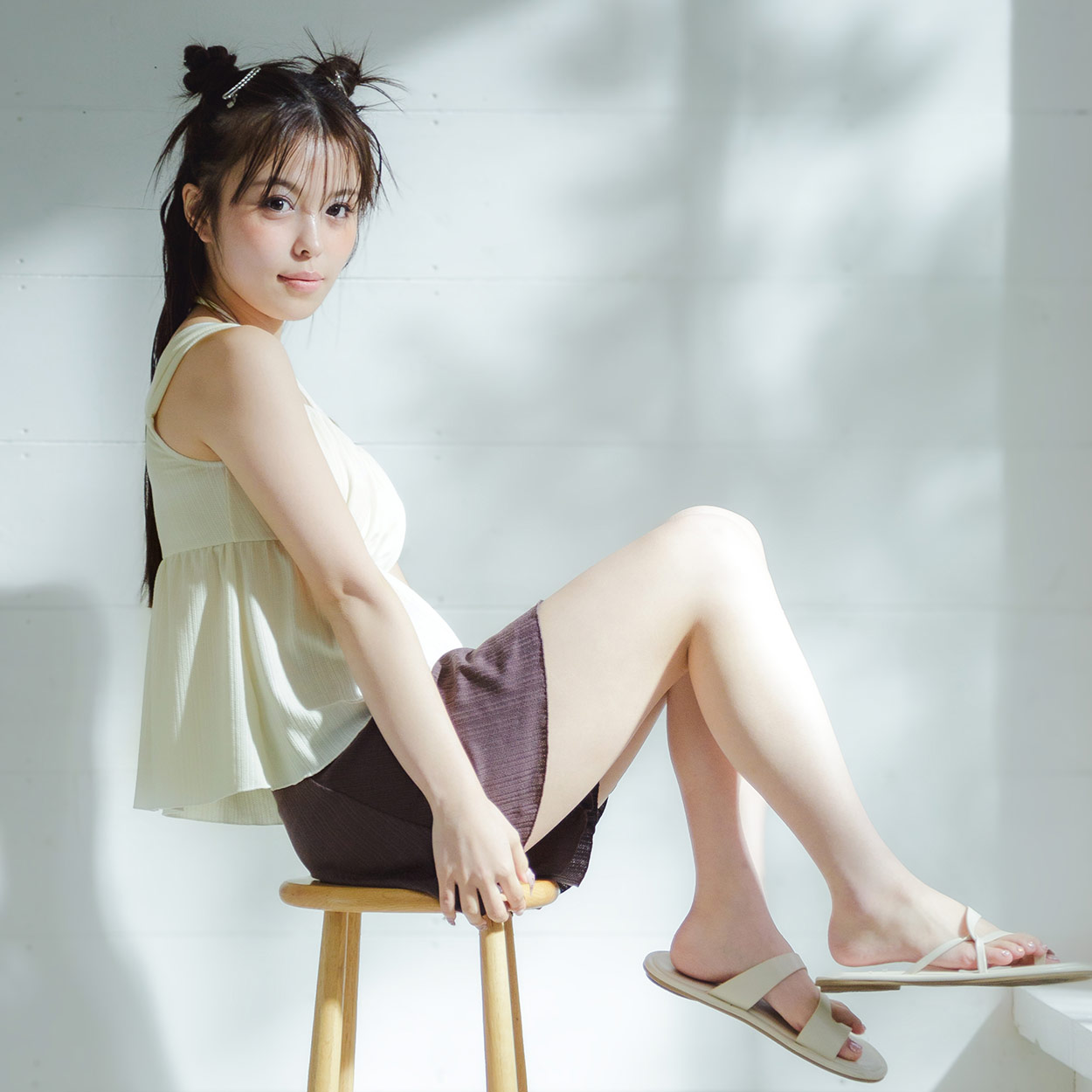 リブ素材 ギャザーペプラムブラ キュロットパンツ付き3点セット 上半身イメージ