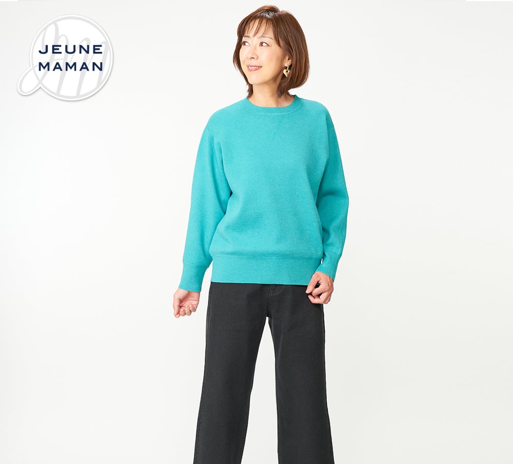 JEUNE MAMAN 洗える大人の素敵ニット スウェットライクプルオーバーを着用したモデル