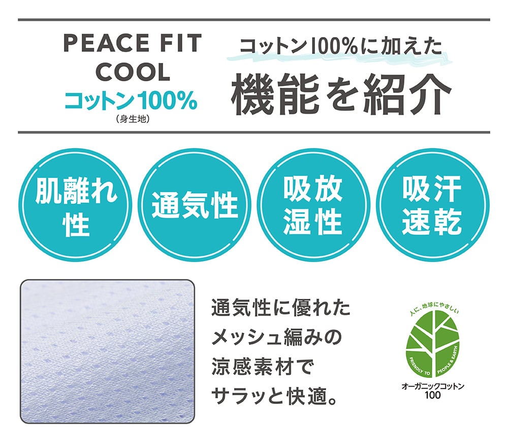 PEACE FIT COOLコットン100%(身生地)コットン100%を加えた機能を紹介