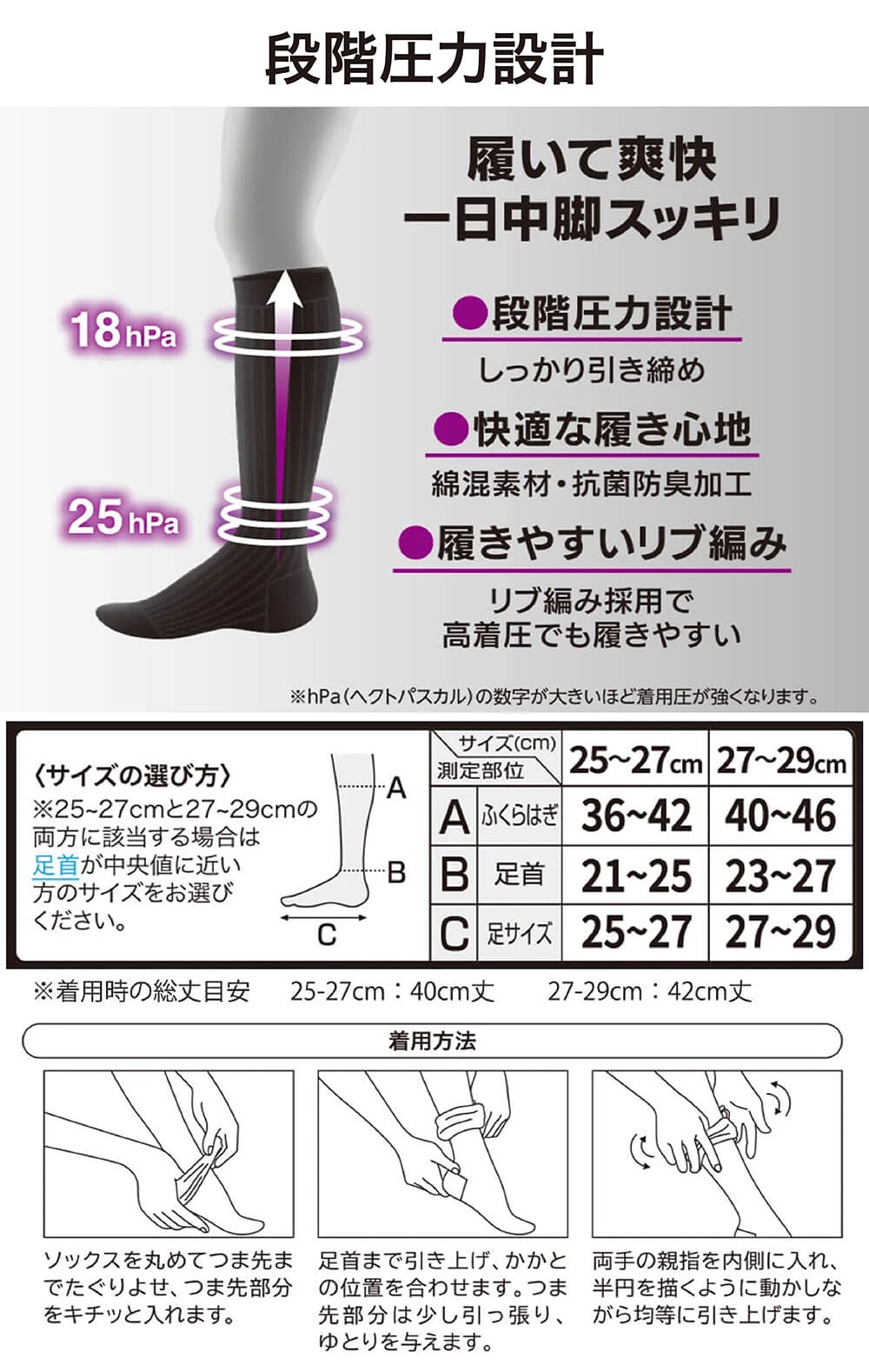 段階圧力設計 履いて爽快 一日中脚スッキリ
