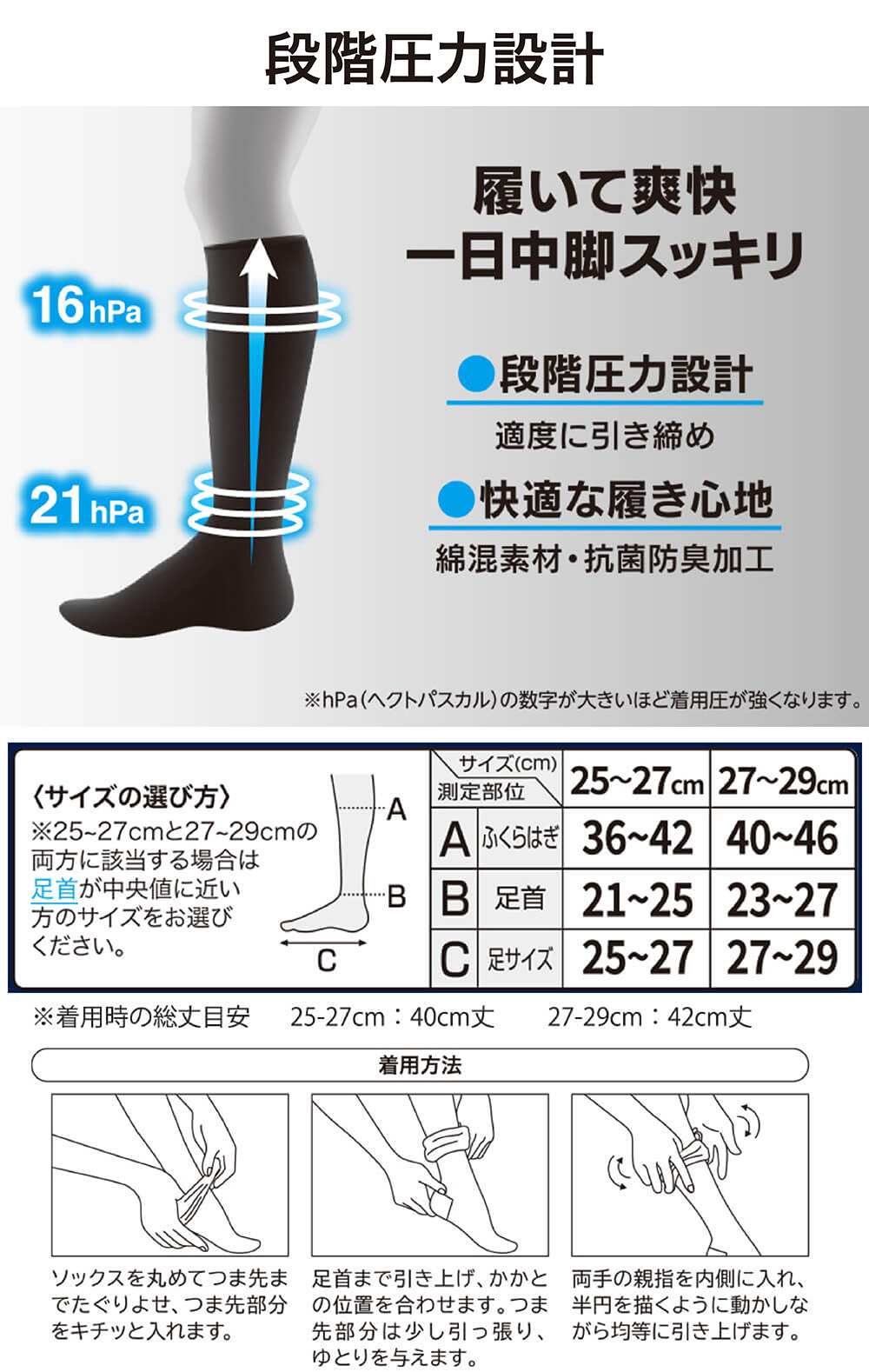 段階圧力設計 履いて爽快 一日中脚スッキリ